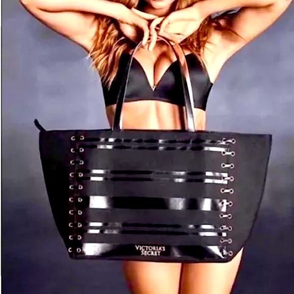 Victoria’s Secret Weekender Tote Black Corset Lace Rose Gold Accents Zipper - Picture 12 of 12